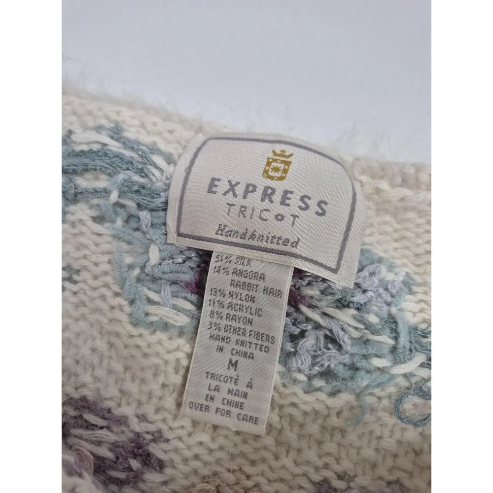 Express Tricot Sweater Womens Medium White Floral Silk Angora Handknit Tunic